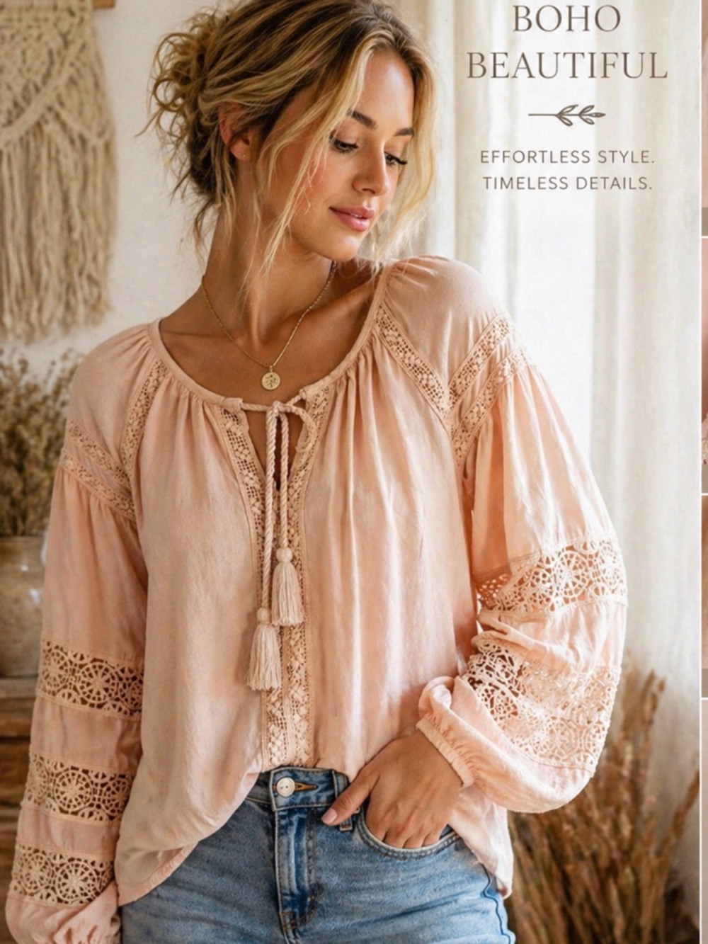 Boho Blush Lace Peasant Blouse Tassel Tie Crochet Detail Flowy Top M